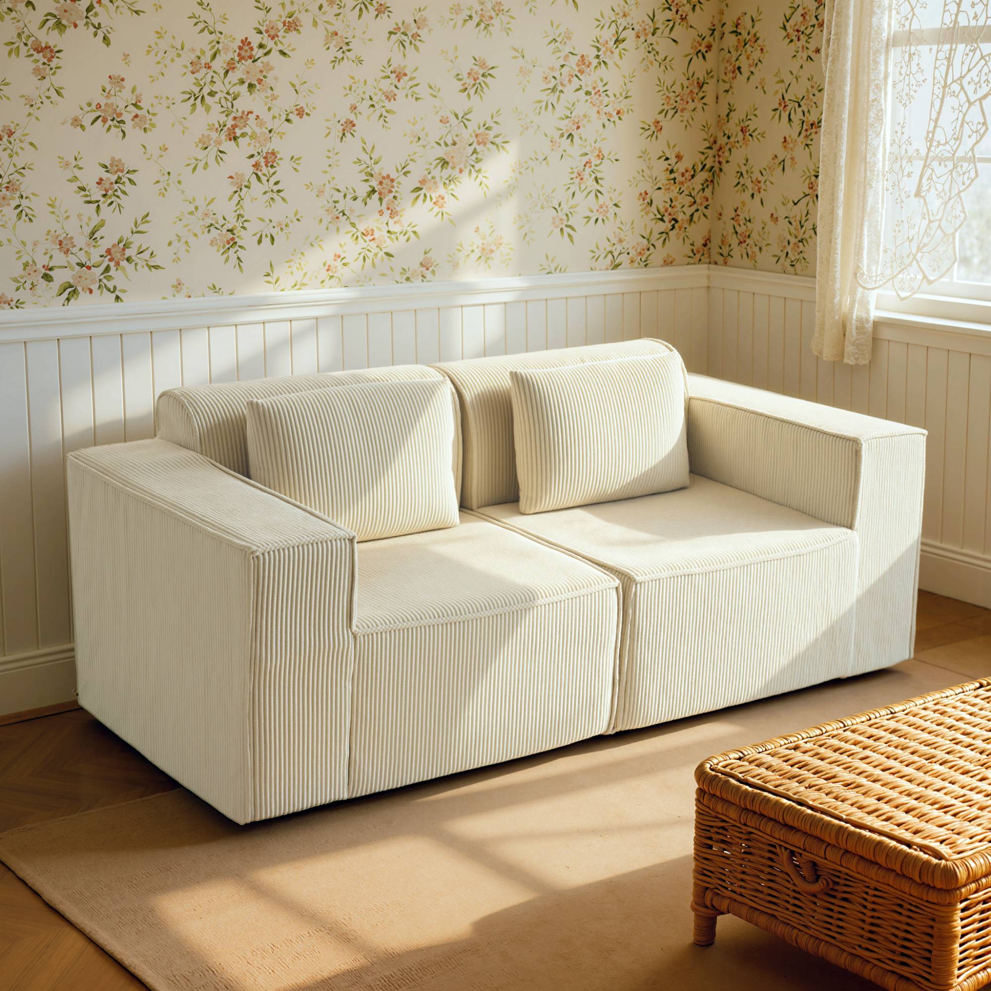 Canapé 3 places en velours côtelé, canapé rembourré, larges accoudoirs, 2 coussins, pas de montage, 202x90x76cm, beige - Image 3