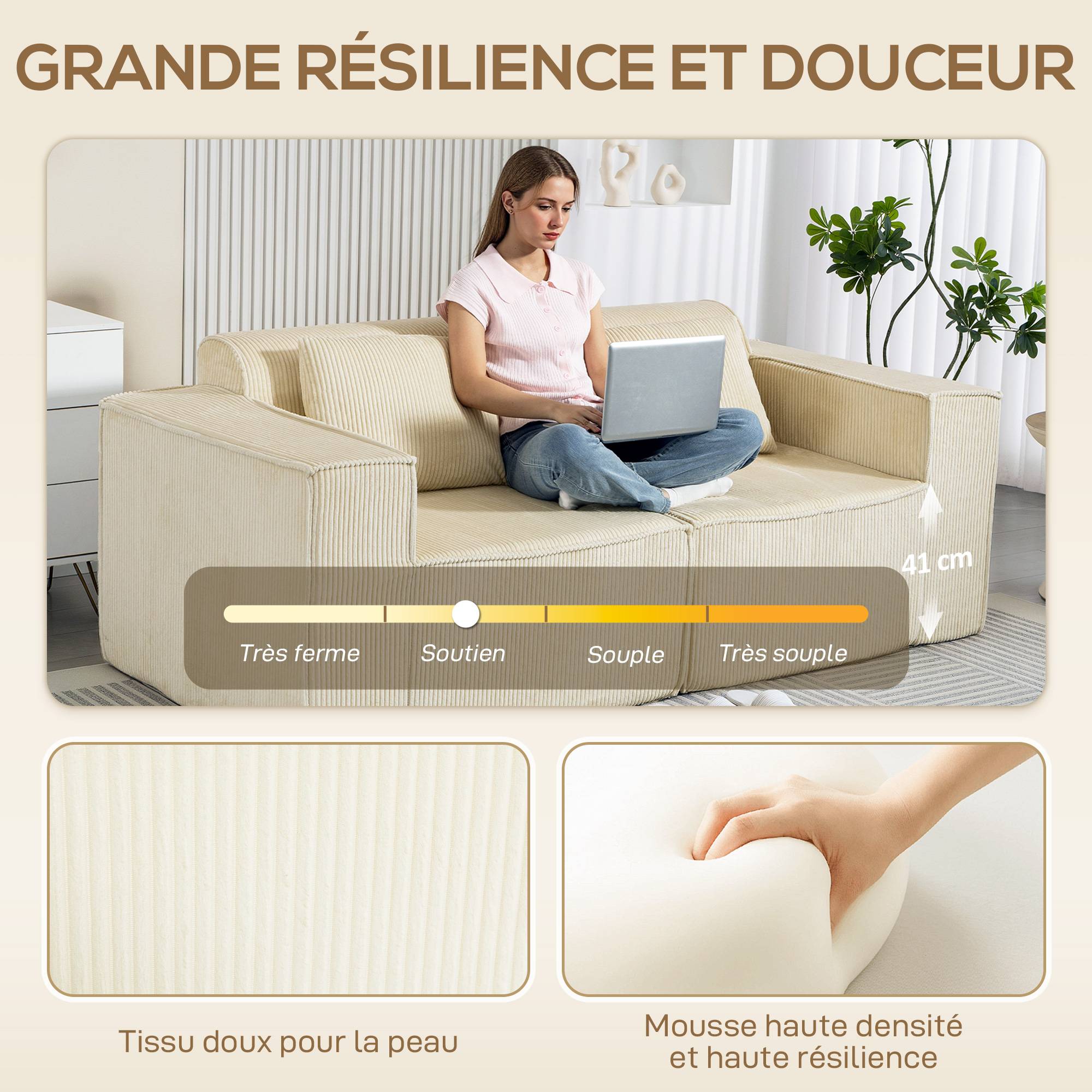 Canapé 3 places en velours côtelé, canapé rembourré, larges accoudoirs, 2 coussins, pas de montage, 202x90x76cm, beige - Image 6