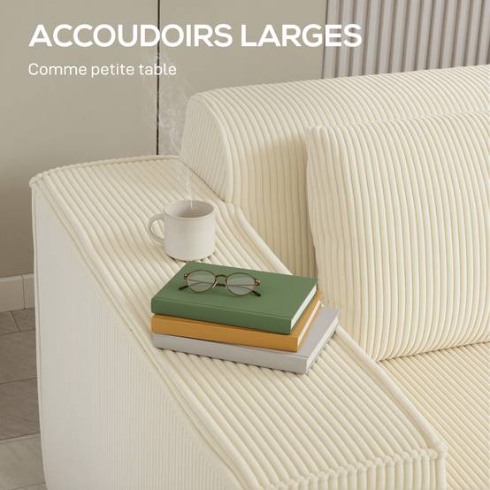 Canapé 3 places en velours côtelé, canapé rembourré, larges accoudoirs, 2 coussins, pas de montage, 202x90x76cm, beige - Image 9