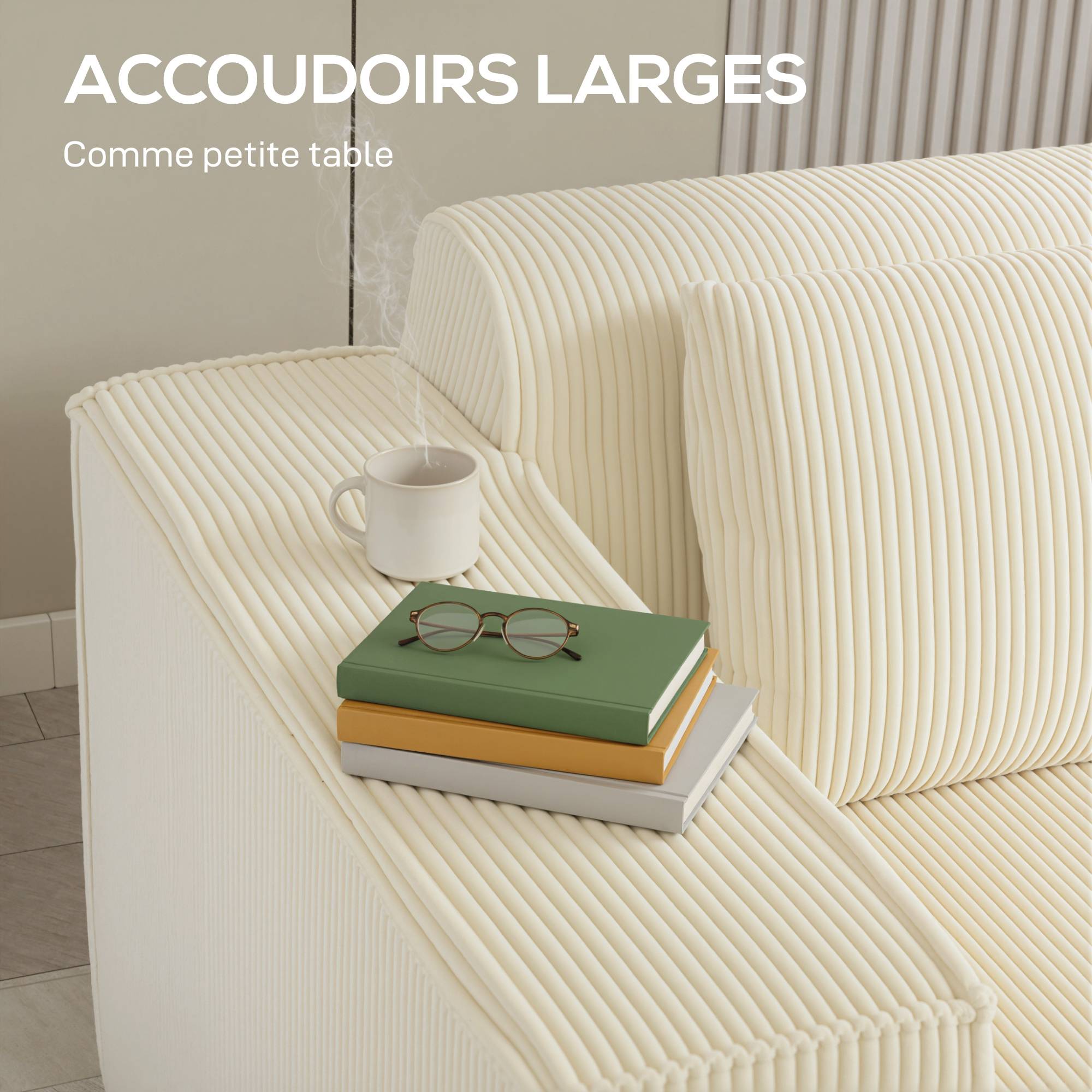Canapé 3 places en velours côtelé, canapé rembourré, larges accoudoirs, 2 coussins, pas de montage, 202x90x76cm, beige - Image 9