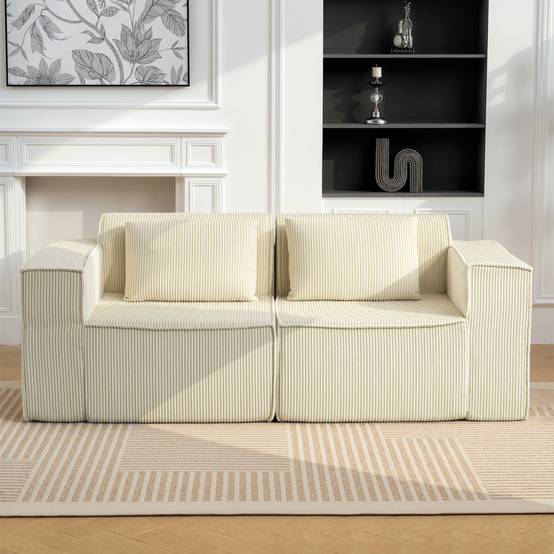 Canapé 3 places en velours côtelé, canapé rembourré, larges accoudoirs, 2 coussins, pas de montage, 202x90x76cm, beige - Image 10