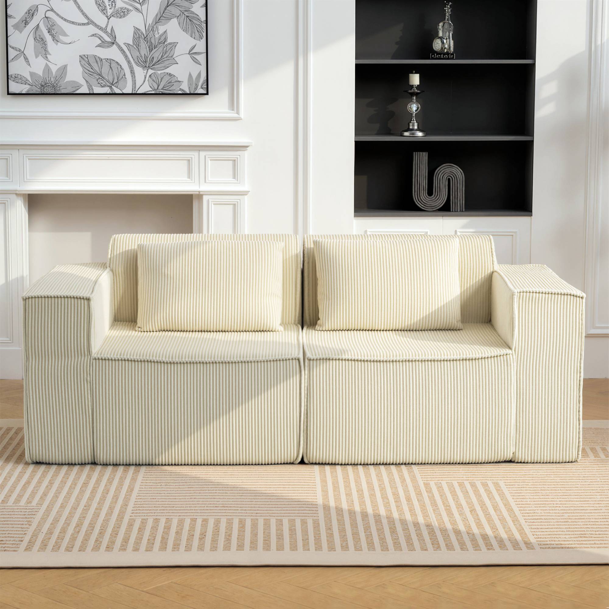 Canapé 3 places en velours côtelé, canapé rembourré, larges accoudoirs, 2 coussins, pas de montage, 202x90x76cm, beige - Image 10