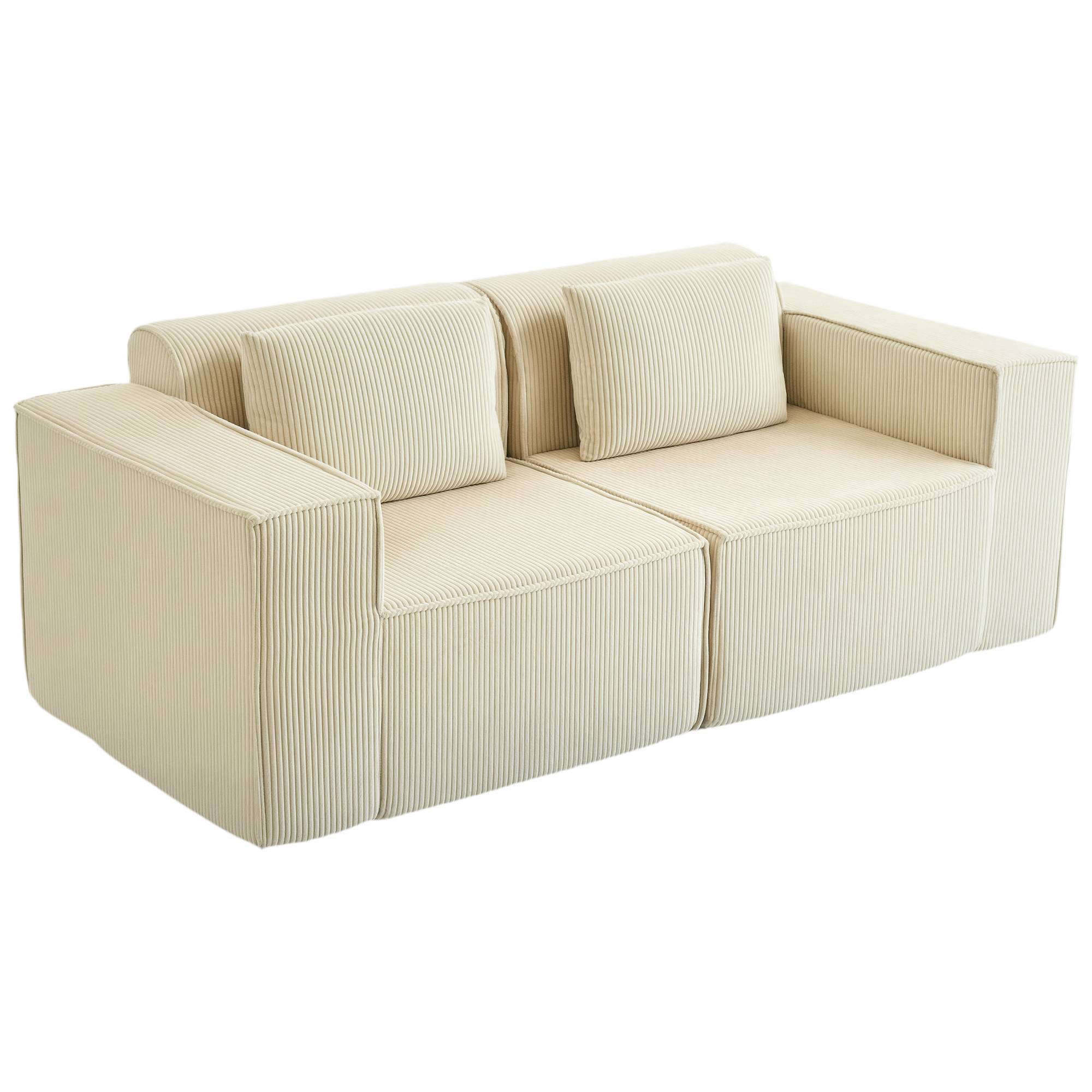 Canapé 3 places en velours côtelé, canapé rembourré, larges accoudoirs, 2 coussins, pas de montage, 202x90x76cm, beige - Image 2
