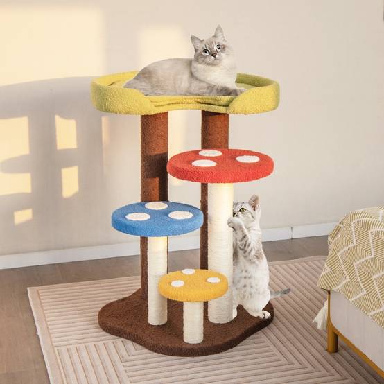 Arbre à Chat 3 en 1, Tour à Chat 5 Niveaux Plates-formes Amovibles Motifs Champignons Coloré - Image 2