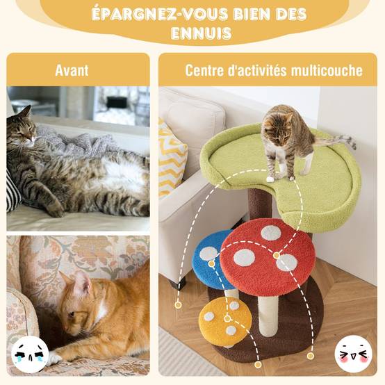 Arbre à Chat 3 en 1, Tour à Chat 5 Niveaux Plates-formes Amovibles Motifs Champignons Coloré - Image 7