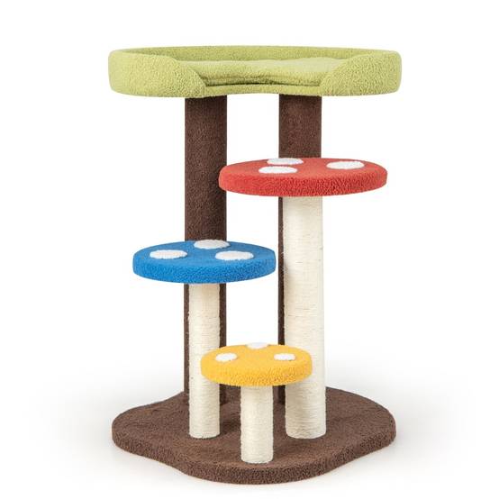 Arbre à Chat 3 en 1, Tour à Chat 5 Niveaux Plates-formes Amovibles Motifs Champignons Coloré - Image 1