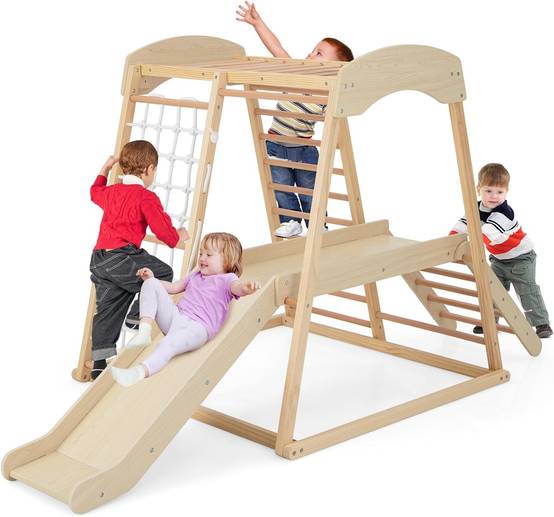 Costway - 6 en 1 Triangle d'escalade en Bois Enfants avec Toboggan & Zone Tampon, Charge 60kg (Naturel)