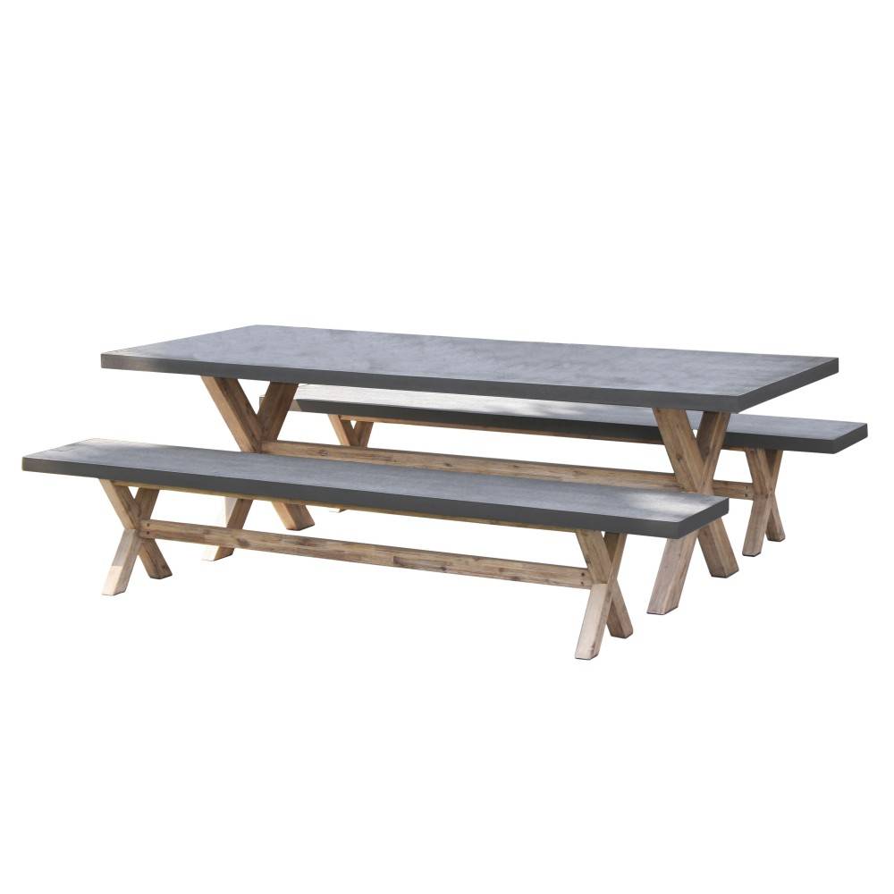 Macabane - HECTOR - Ensemble jardin béton et acacia - Table 200*100 cm et 2 bancs - Image 1