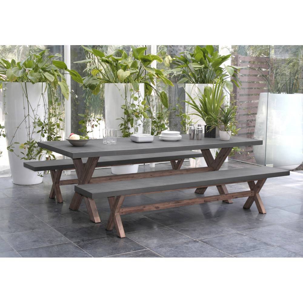 Macabane - HECTOR - Ensemble jardin béton et acacia - Table 200*100 cm et 2 bancs - Image 3