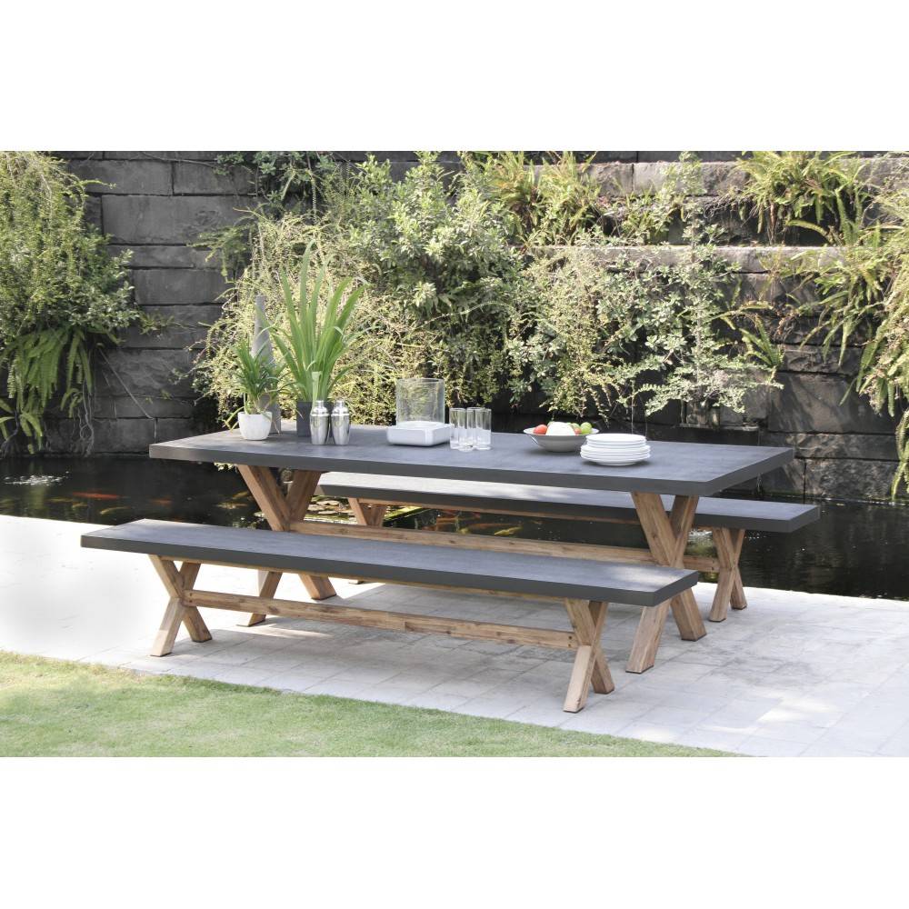Macabane - HECTOR - Ensemble jardin béton et acacia - Table 200*100 cm et 2 bancs - Image 2