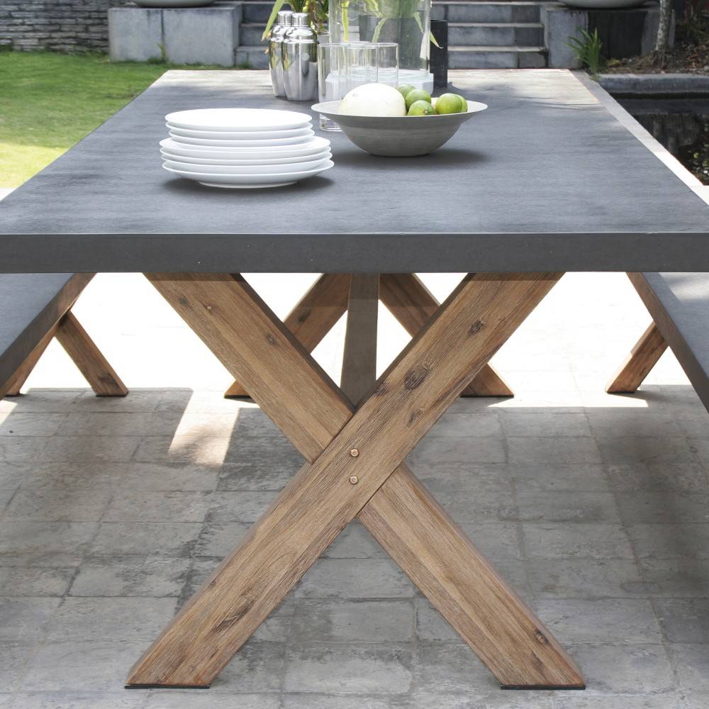Macabane - HECTOR - Ensemble jardin béton et acacia - Table 200*100 cm et 2 bancs - Image 4