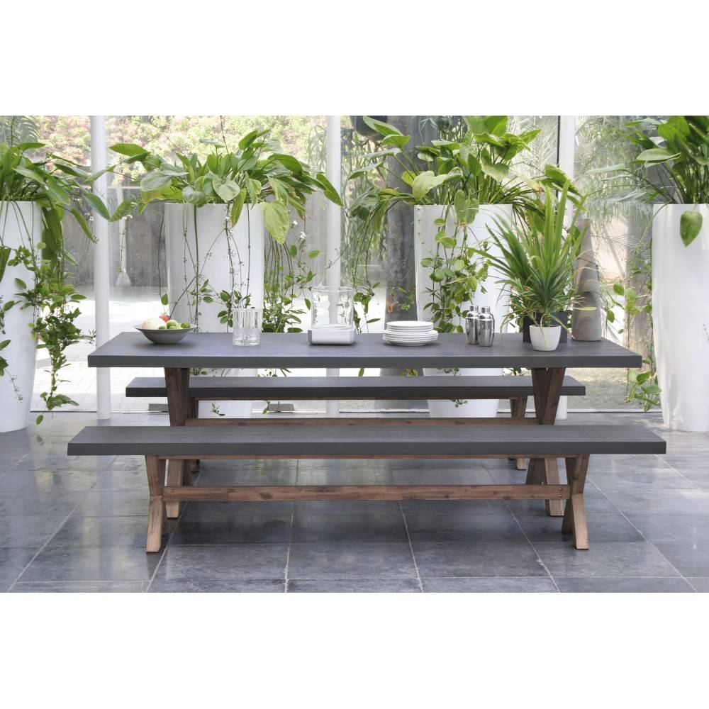 Macabane - HECTOR - Ensemble jardin béton et acacia - Table 200*100 cm et 2 bancs - Image 6