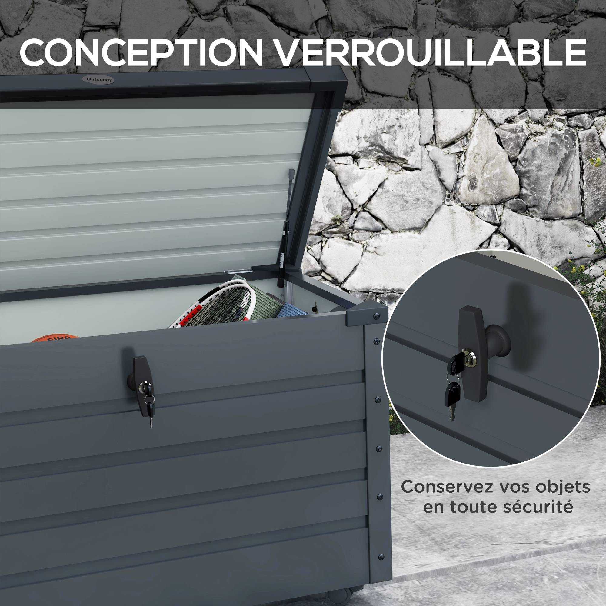 ComfortXL - Coffre de rangement acier galvanisé 295 L gris foncé pour jardin mobile verrouillable - ComfortXL Outdoor Living - Image 8