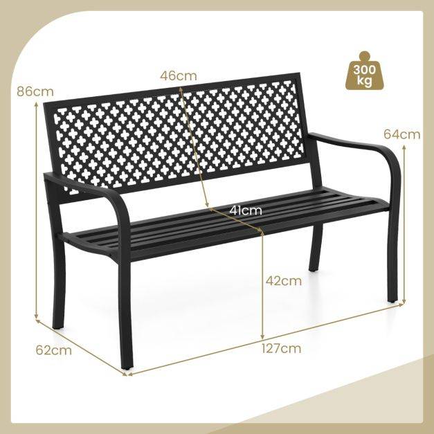 Helloshop26 - Banc de jardin chaise de patio en métal pour 2 personnes avec dossier ajouré & siège à lattes banc moderne de 127 cm de long noir - Image 5