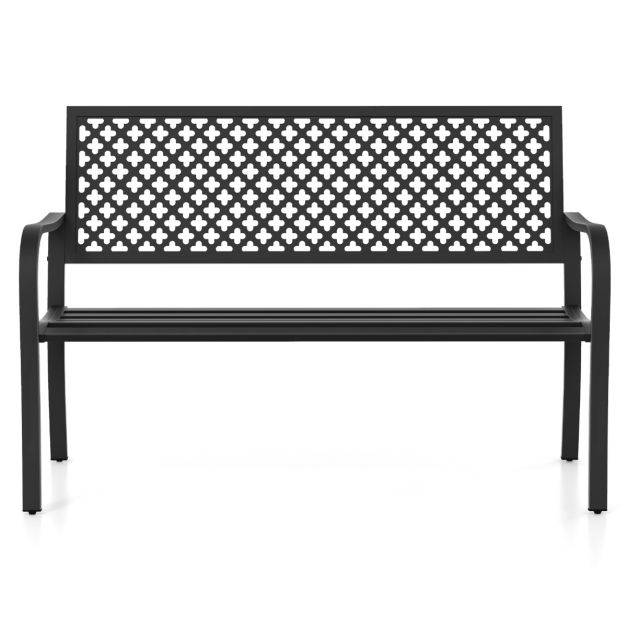 Helloshop26 - Banc de jardin chaise de patio en métal pour 2 personnes avec dossier ajouré & siège à lattes banc moderne de 127 cm de long noir - Image 2