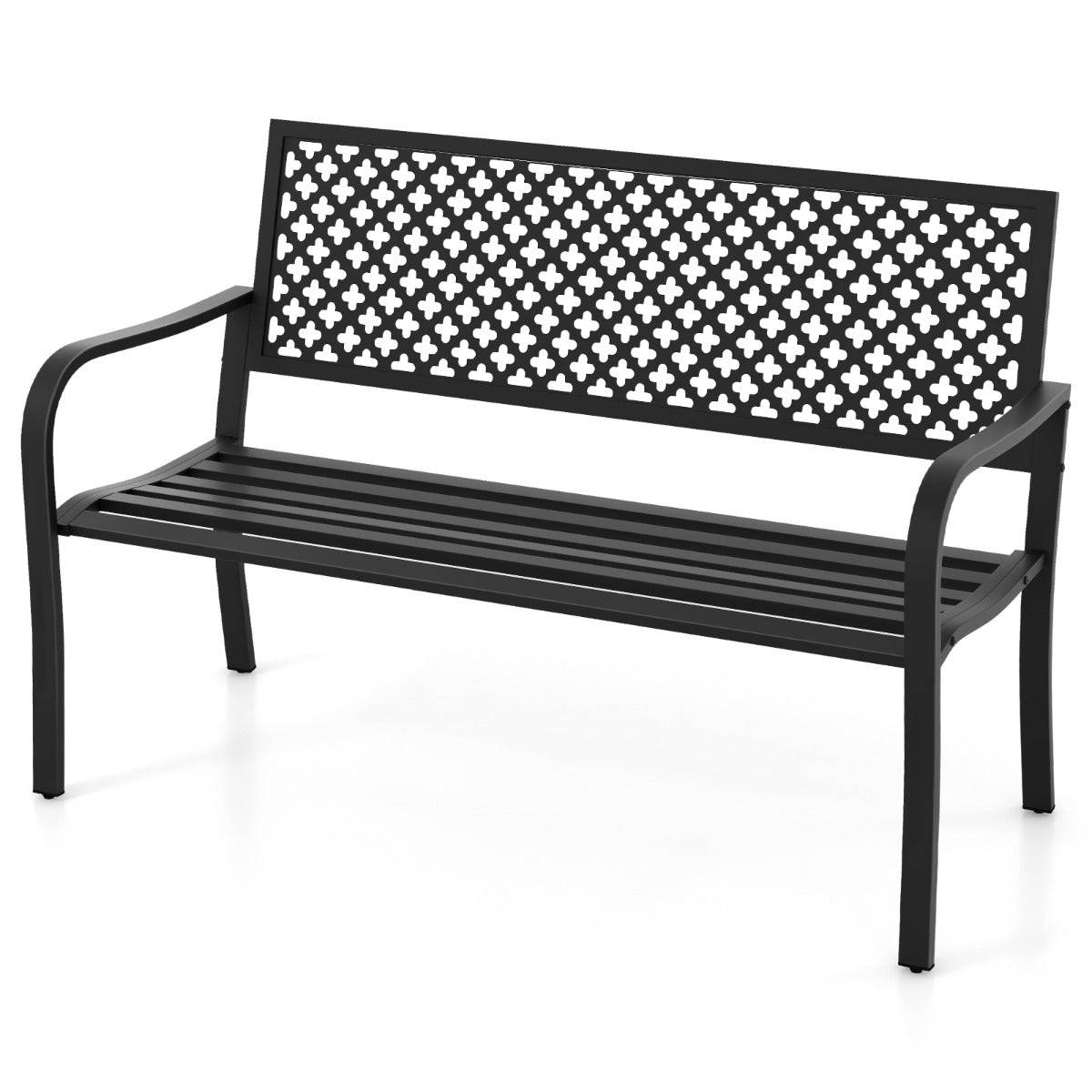 Helloshop26 - Banc de jardin chaise de patio en métal pour 2 personnes avec dossier ajouré & siège à lattes banc moderne de 127 cm de long noir - Image 1