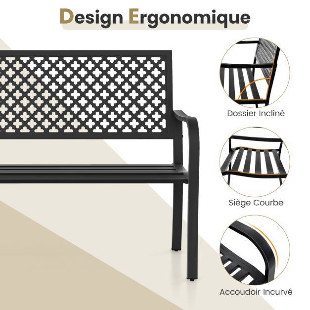 Helloshop26 - Banc de jardin chaise de patio en métal pour 2 personnes avec dossier ajouré & siège à lattes banc moderne de 127 cm de long noir - Image 3