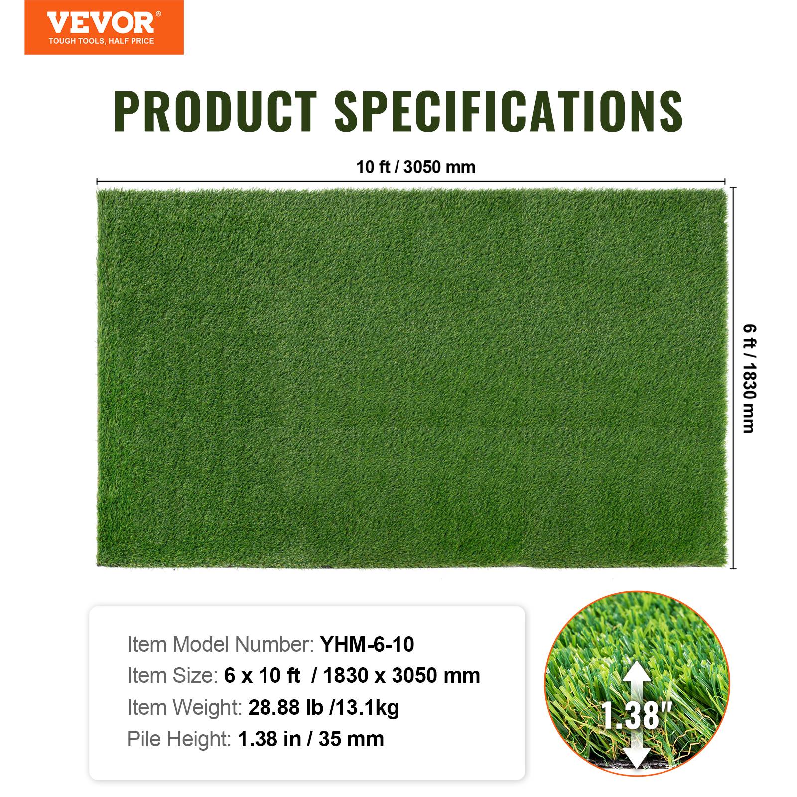 Vevor - VEVOR Gazon artificiel 183x305 cm, brins 35 mm, trous drainage. Jardin, chien, décoration. - Image 7