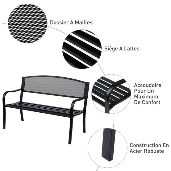 Banc de jardin 3 places style contemporain cadre métal époxy anticorrosion, dimensions 127L x 60l x 87H cm - Image 6
