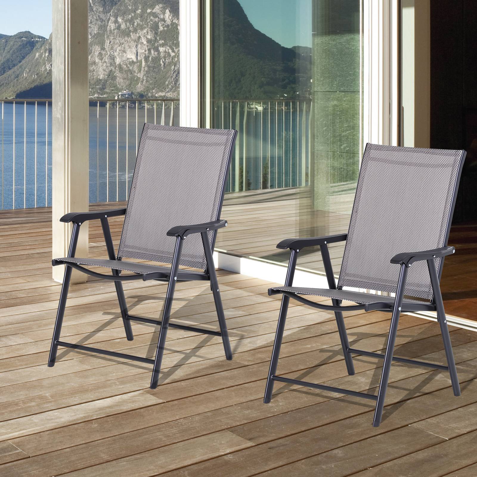 Lot 2 Chaises Camping Pliantes Métal Textilène Jardin Pêche 58x64x94cm Gris - ComfortXL Outdoor Living - Image 1