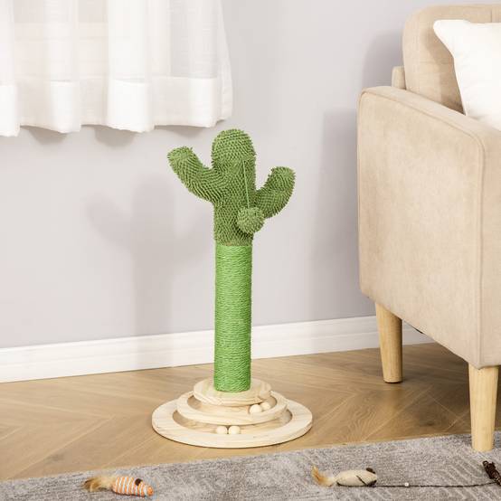 Griffoir pour Chat Design Cactus Poteau en Sisal Vert avec Balle et Jeu en Bois 60 cm - ComfortXL Outdoor Living - Image 4