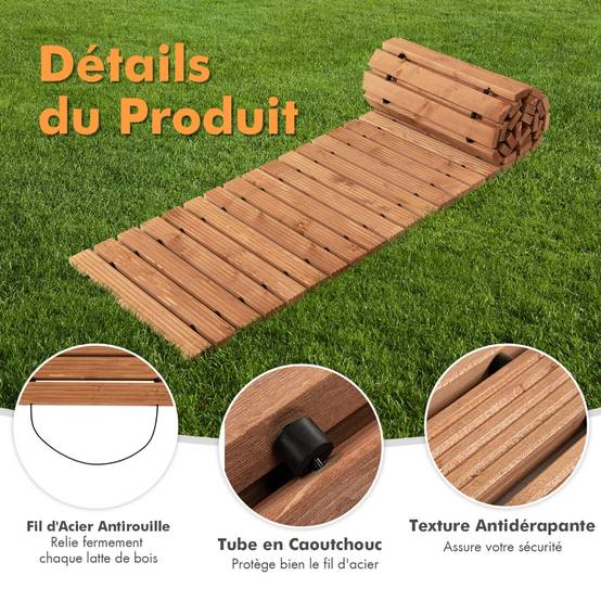 Allée de Jardin en Bois de 245 cm avec Fil d'Acier et Texture Antidérapante pour Jardin Cour Bord de Mer - Image 6