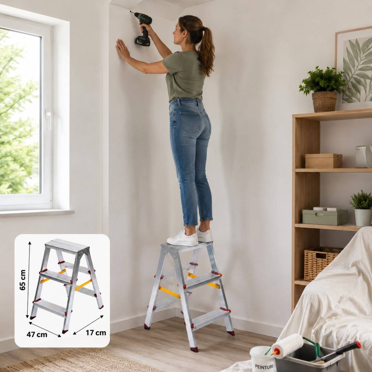Vito - Escabeau Double 3 Marches Aluminium Pliable 65 cm – Marchepied Stable Antidérapant Charge 150 kg pour Bricolage et Travaux VITO - Image 2