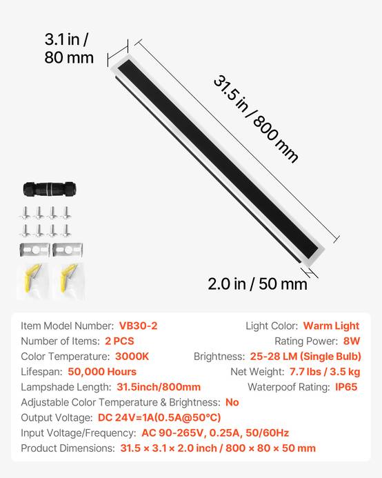 VEVOR Applique Murale d'Extérieur Éclairage Moderne LED 8 W Lot de 2 80 cm IP65 - Image 7