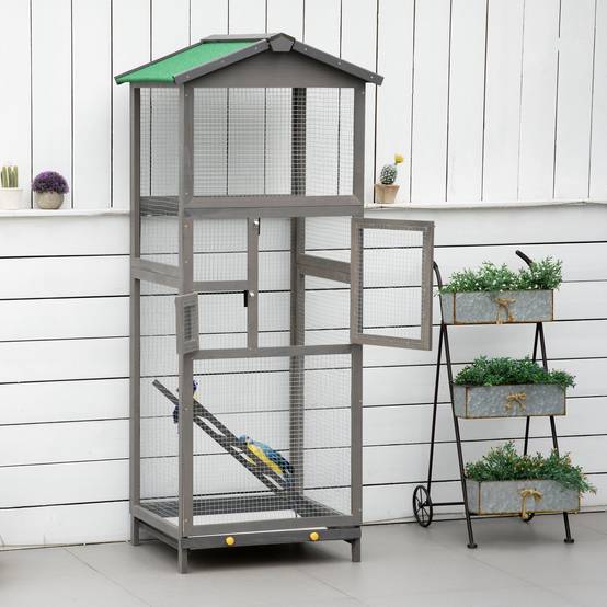 Cage pour oiseaux haute 165 cm en bois extérieur avec 2 portes et bac amovible, gris clair - Image 10