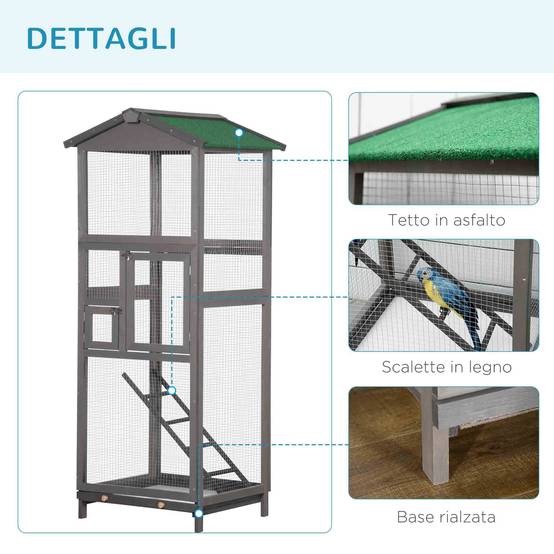 Cage pour oiseaux haute 165 cm en bois extérieur avec 2 portes et bac amovible, gris clair - Image 9