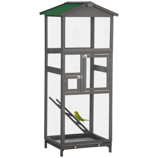 Cage pour oiseaux haute 165 cm en bois extérieur avec 2 portes et bac amovible, gris clair - Image 1
