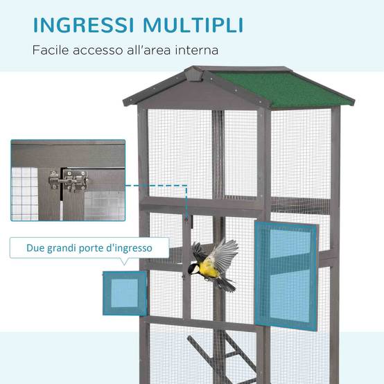Cage pour oiseaux haute 165 cm en bois extérieur avec 2 portes et bac amovible, gris clair - Image 7