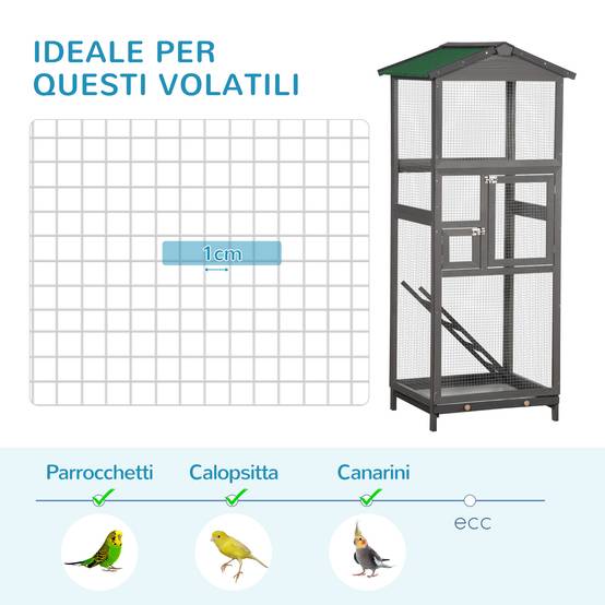 Cage pour oiseaux haute 165 cm en bois extérieur avec 2 portes et bac amovible, gris clair - Image 8