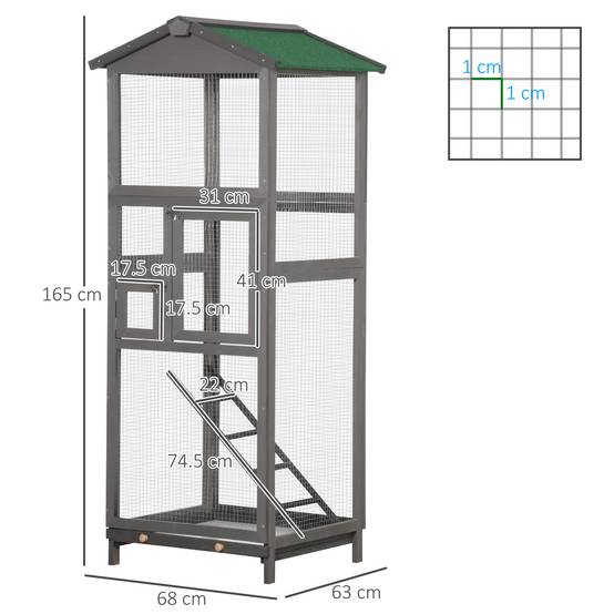 Cage pour oiseaux haute 165 cm en bois extérieur avec 2 portes et bac amovible, gris clair - Image 5