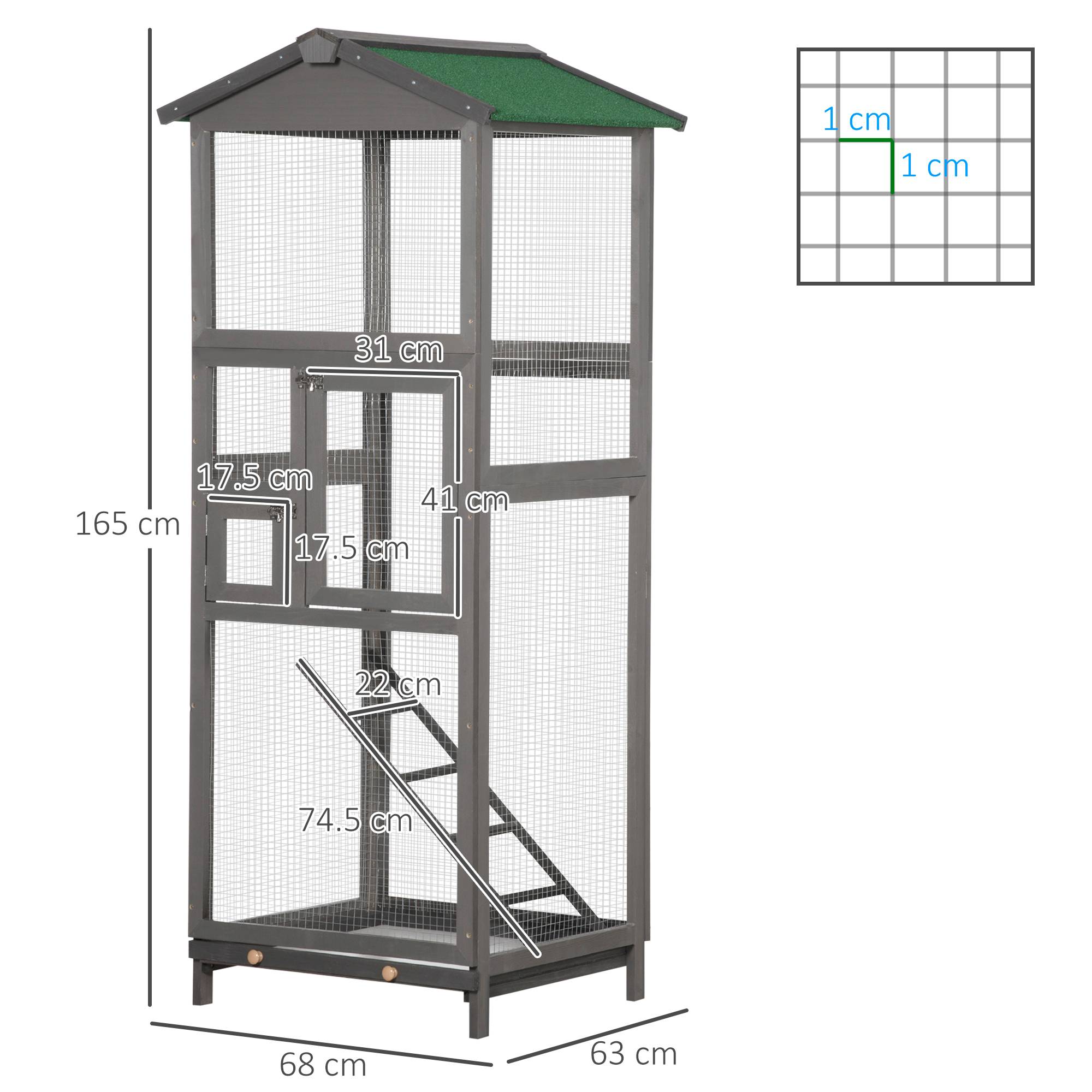Cage pour oiseaux haute 165 cm en bois extérieur avec 2 portes et bac amovible, gris clair - Image 5