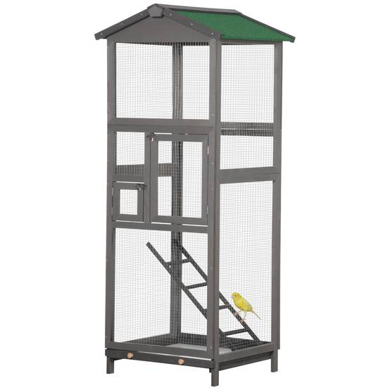 Cage pour oiseaux haute 165 cm en bois extérieur avec 2 portes et bac amovible, gris clair - Image 2