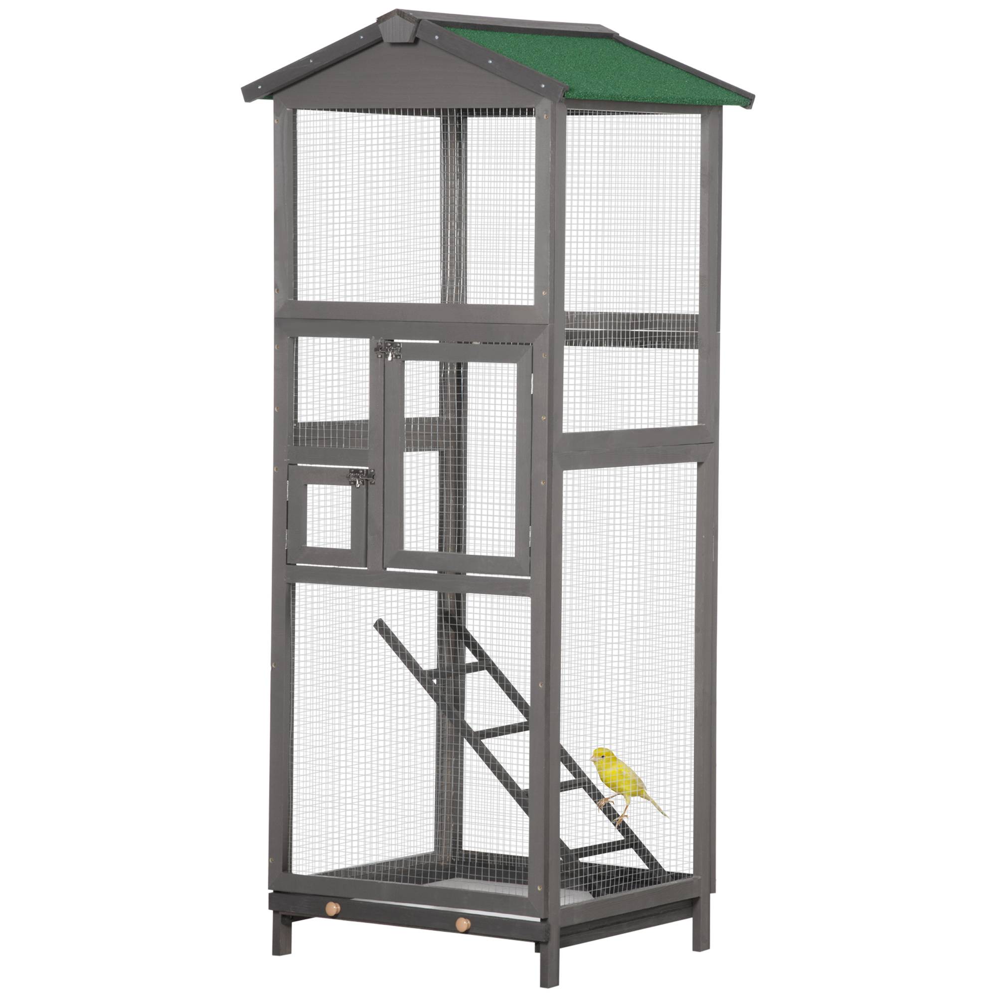 Cage pour oiseaux haute 165 cm en bois extérieur avec 2 portes et bac amovible, gris clair - Image 2
