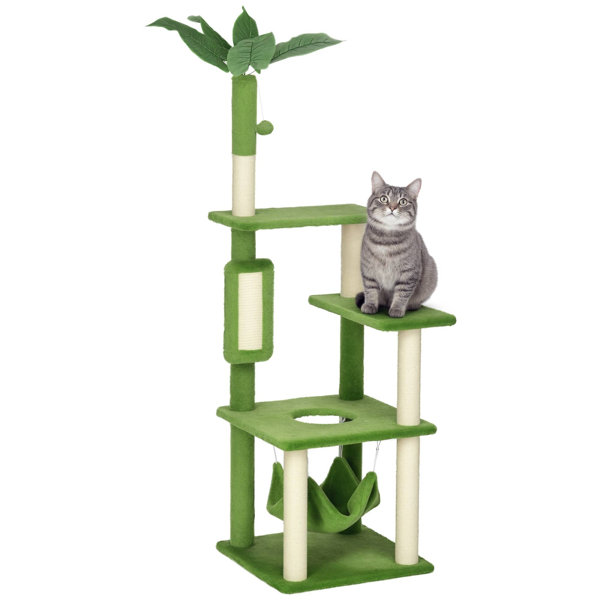 Arbre à chat avec hamac, balle et griffoir en sisal, 49 x 49 x 142 cm, vert