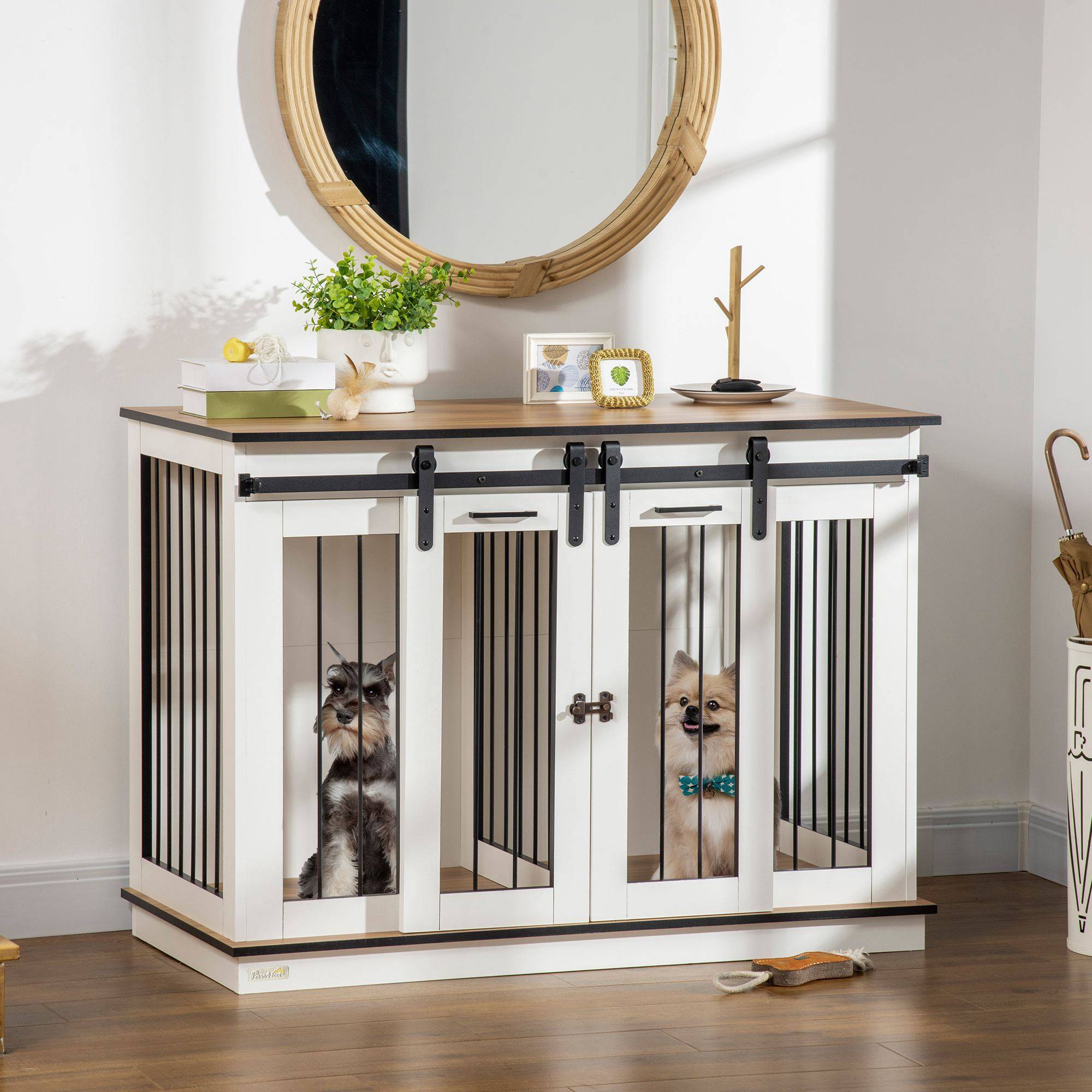 Cage pour chien en bois et métal blanc 120 x 60 x 88.5 cm - PANGIVO - Image 2