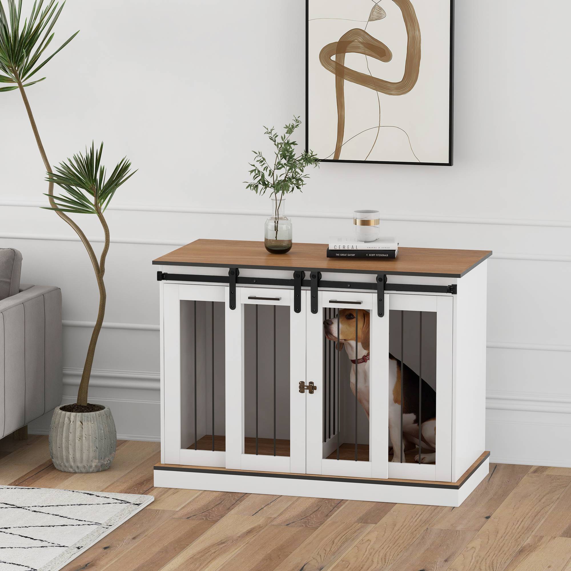 Cage pour chien en bois et métal blanc 120 x 60 x 88.5 cm - PANGIVO - Image 8