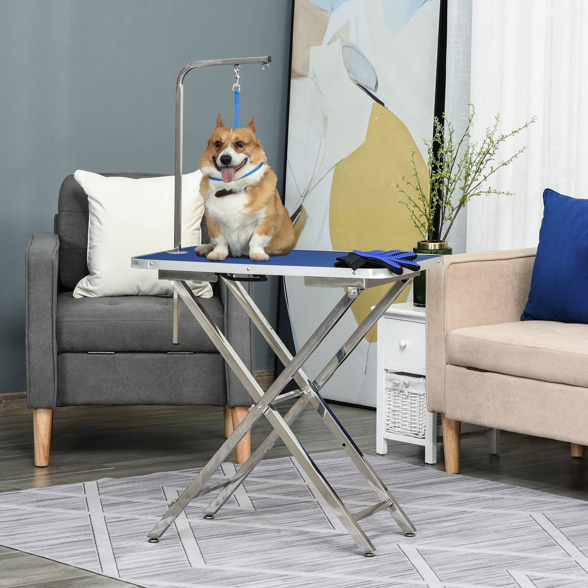 ComfortXL - Table de toilettage chien acier 72x45x74-81 cm bleu pliable antidérapante avec bras - ComfortXL Outdoor Living - Image 4