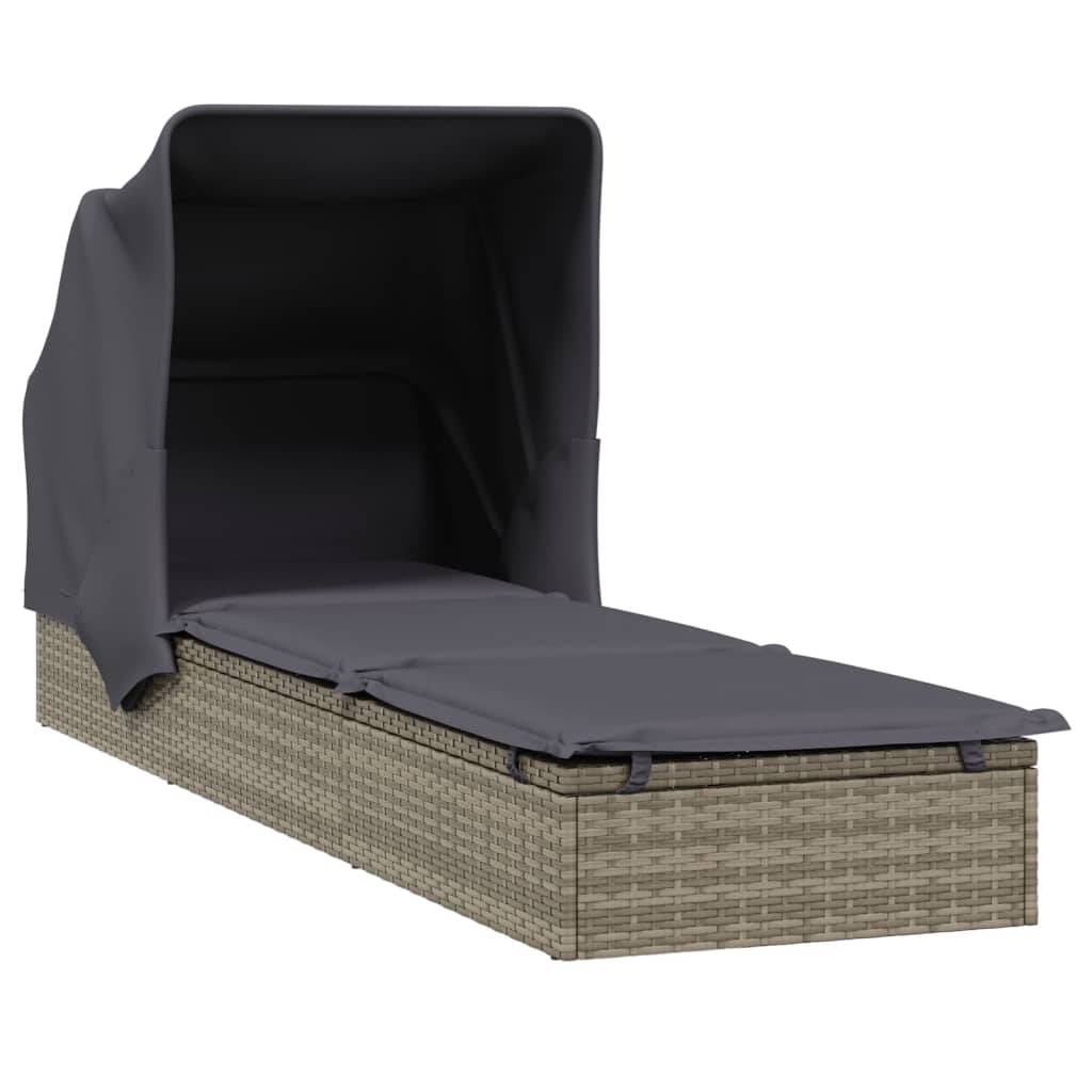 Helloshop26 - Transat chaise longue bain de soleil avec toit pliable 213 x 63 x 97 cm résine tressée gris - Image 1