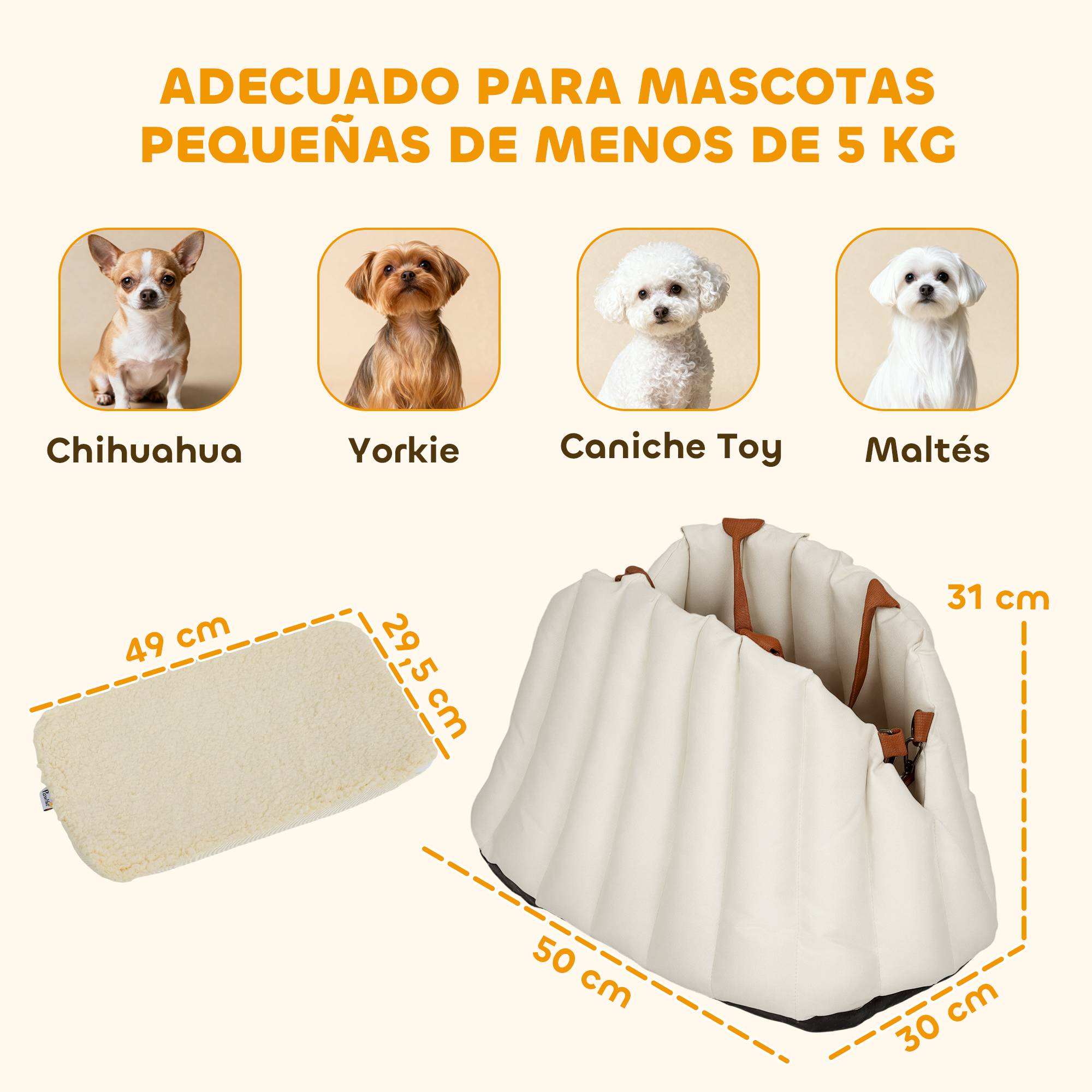 Siège auto pour petits chiens jusqu'à 5 kg avec ceinture de sécurité, base antidérapante et housse amovible - Image 5