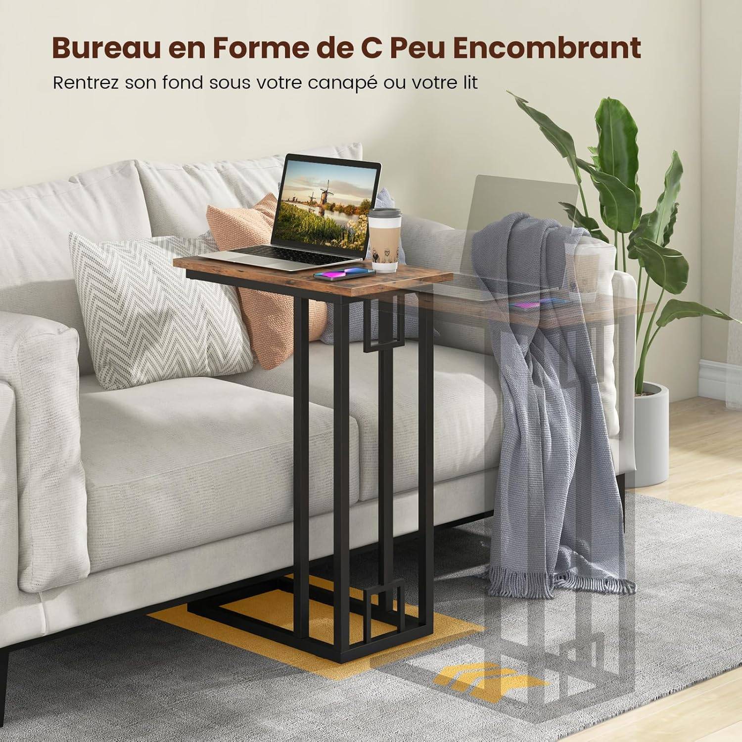 Table D'appoint Forme C 2 étages YMYNY - Marron Et Noir, Métal - NEUF