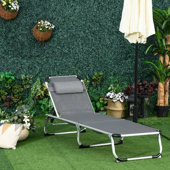 Bain de soleil chaise longue pliante avec appuie-tête, transat - 165x60x76cm Aluminium Gris fr104 - Image 4