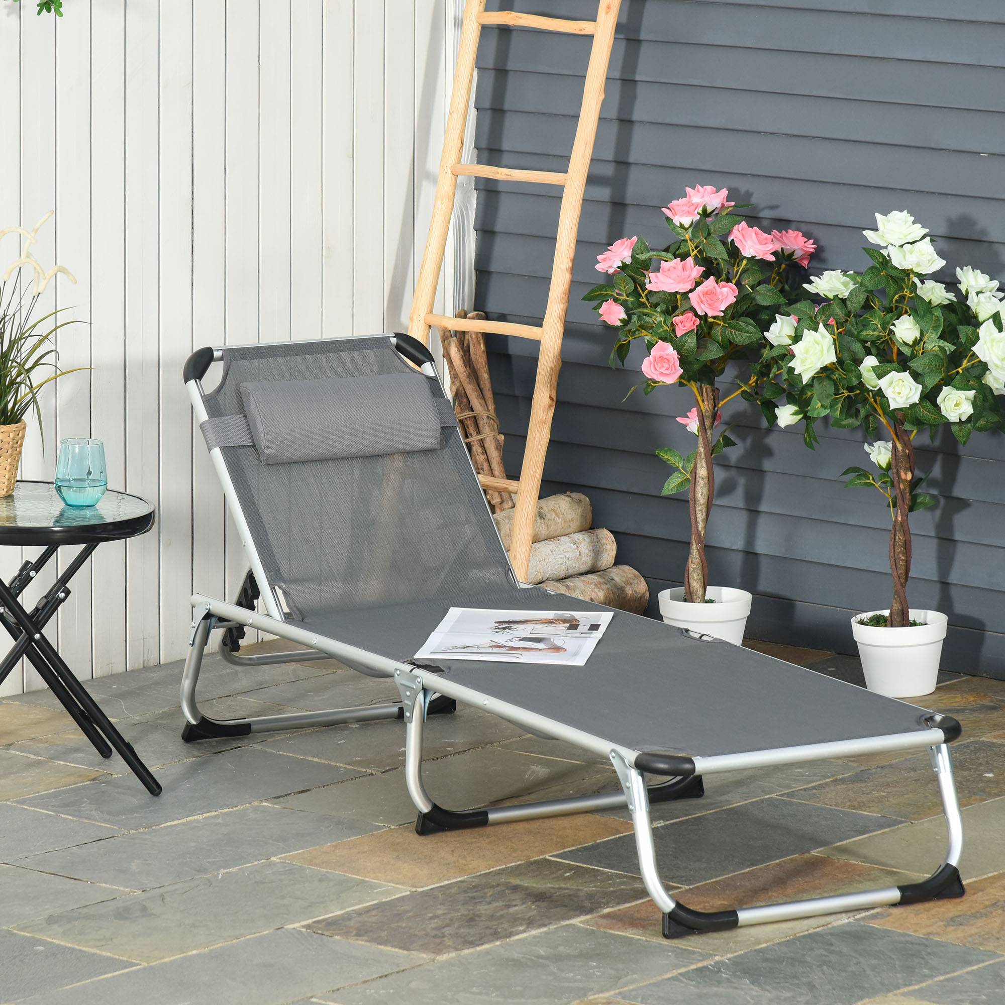 Bain de soleil chaise longue pliante avec appuie-tête, transat - 165x60x76cm Aluminium Gris fr104 - Image 3