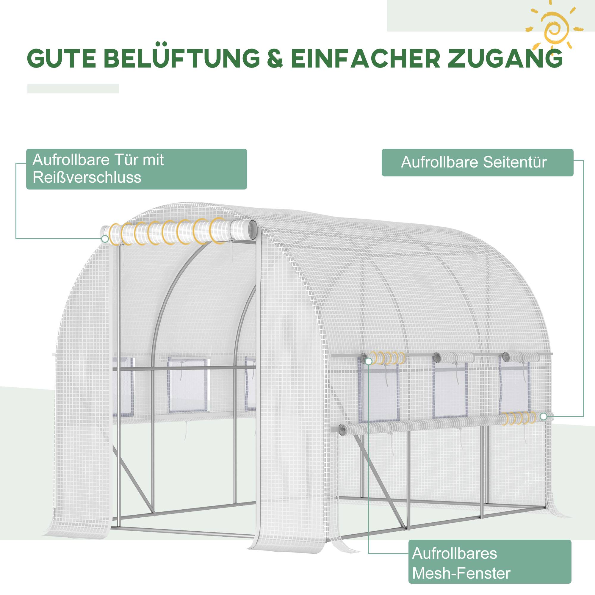 Serre tunnel, 6 fenêtres enroulables, porte zip, cadre acier inox, 2,95 x 2 x 2 m, Blanc - Image 6