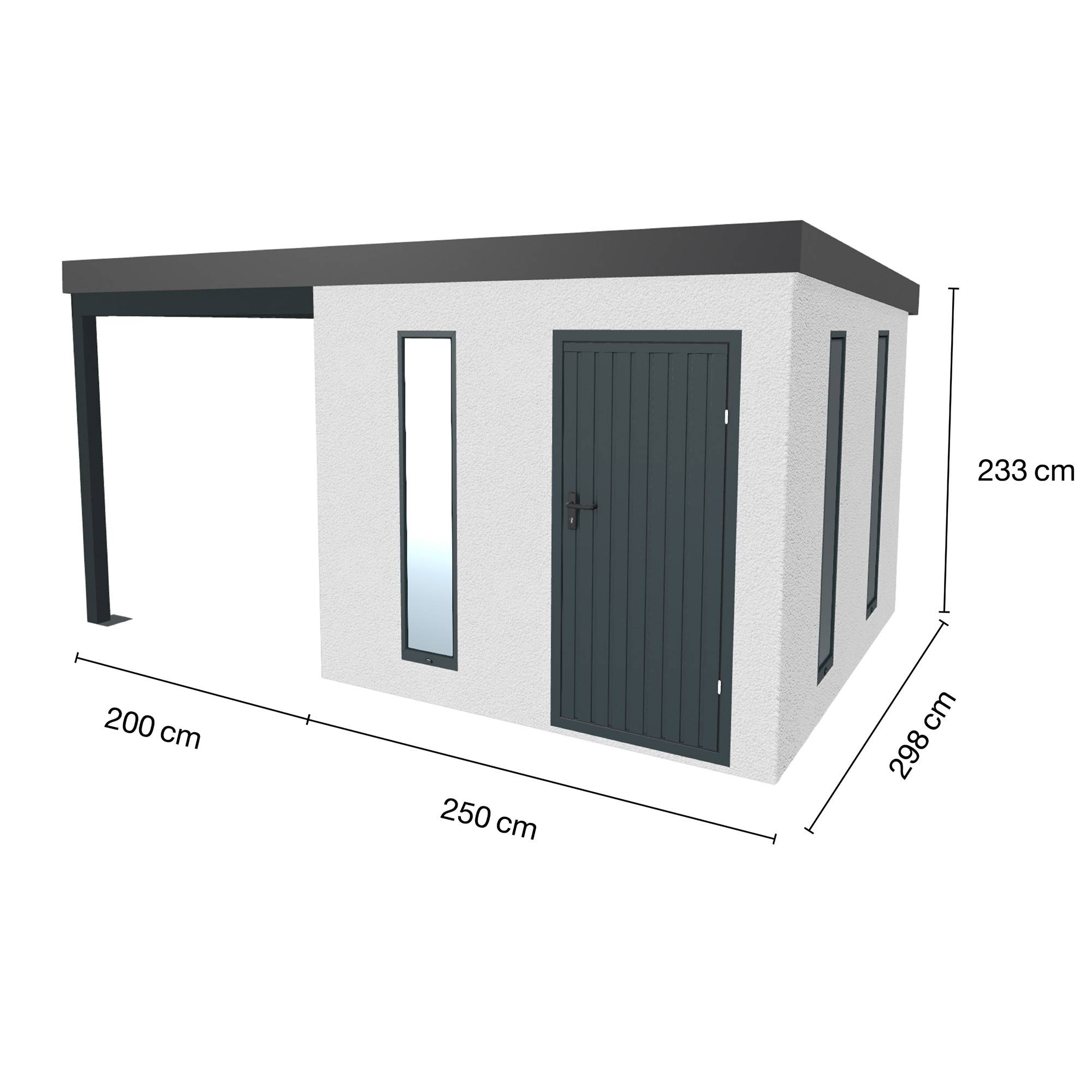 Abri de jardin en métal finition crépi 2500 x 2980 mm blanc avec auvent à gauche 2000 x 2980 mm anthracite. - Image 1