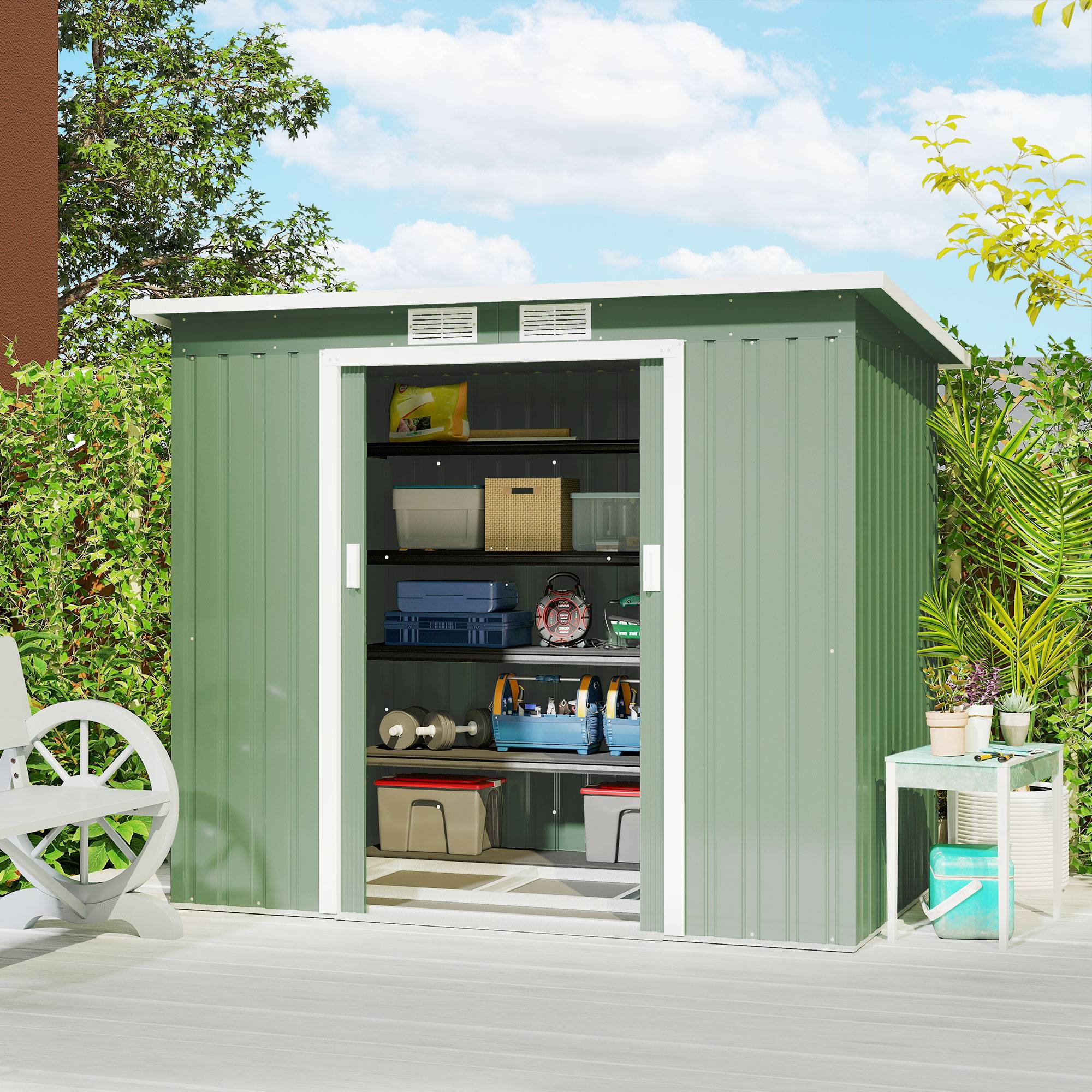 Abri de jardin acier 213x130x172 cm avec double porte coulissante aérations toit incliné vert - Image 3