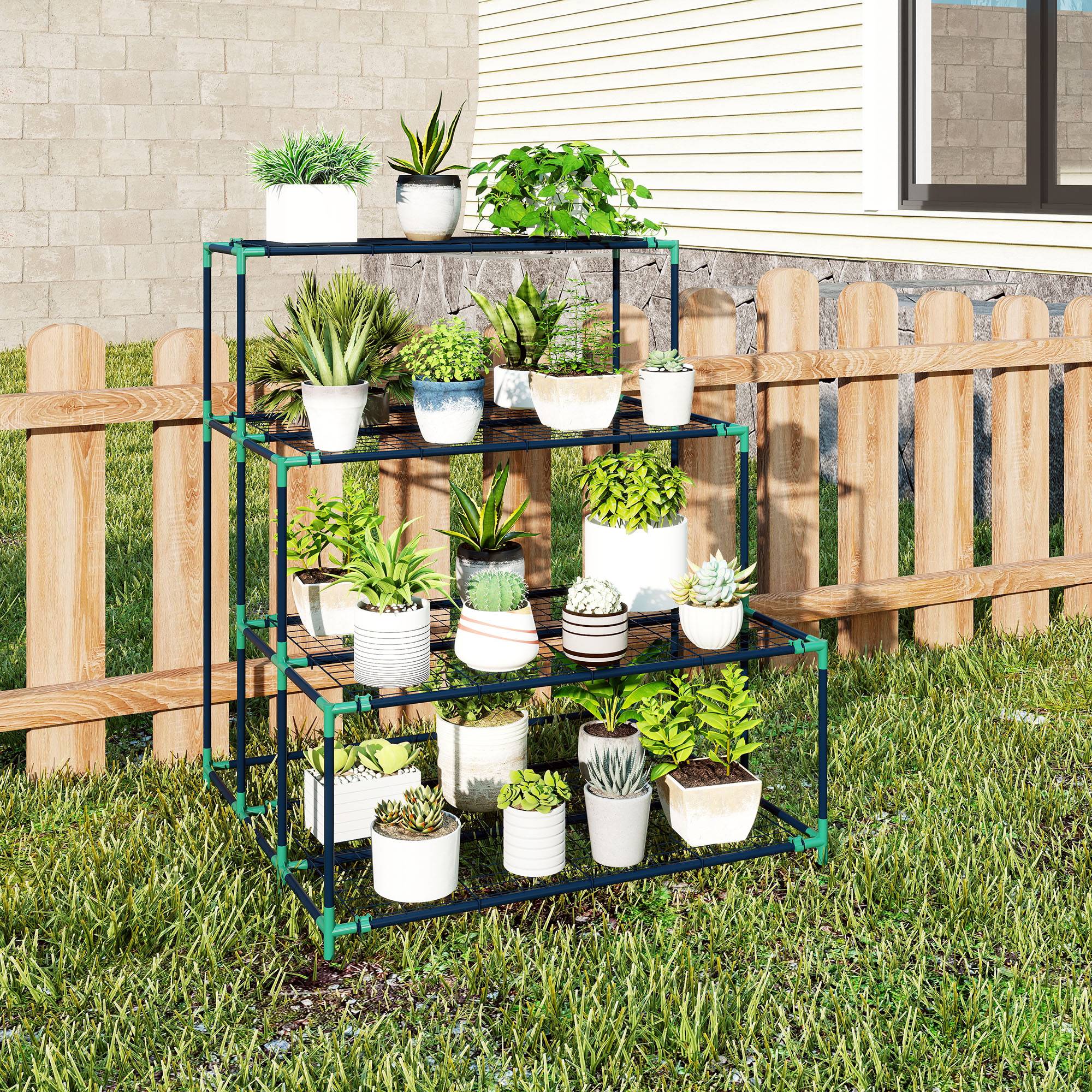 Support de jardin vertical 4 niveaux en métal robuste style échelle adapté intérieur extérieur pour fleurs - Image 4